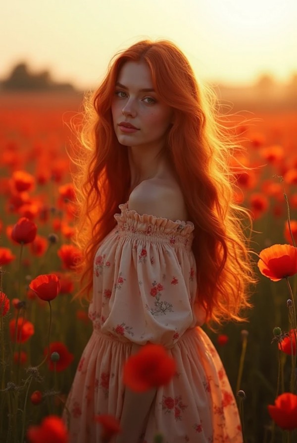 Рыжая в поле с маков и длинными волосами на ветру Рыжая в поле с маков и длинными волосами на ветру