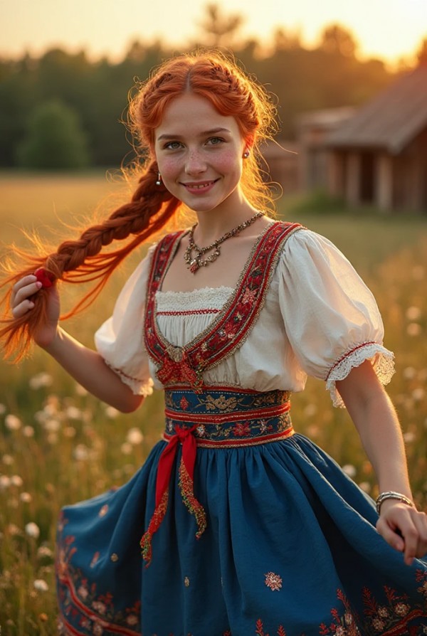 Энергичная рыжая в национальной одежде Энергичная рыжая в национальной одежде