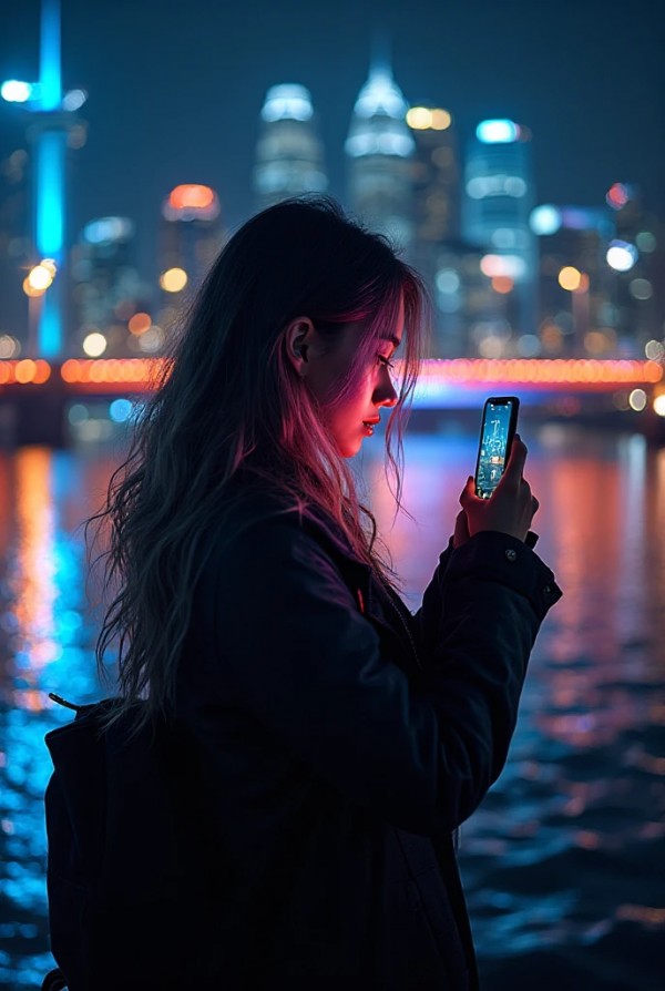 Девушка на мосту с подсветкой, делая ночное фото с отражением в воде Девушка на мосту с подсветкой, делая ночное фото с отражением в воде