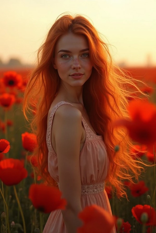 Рыжая в поле с маков и длинными волосами на ветру Рыжая в поле с маков и длинными волосами на ветру