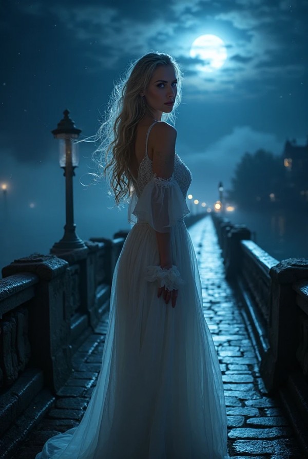 Блондинка в воздушном платье на мосту при лунном свете Блондинка в воздушном платье на мосту при лунном свете